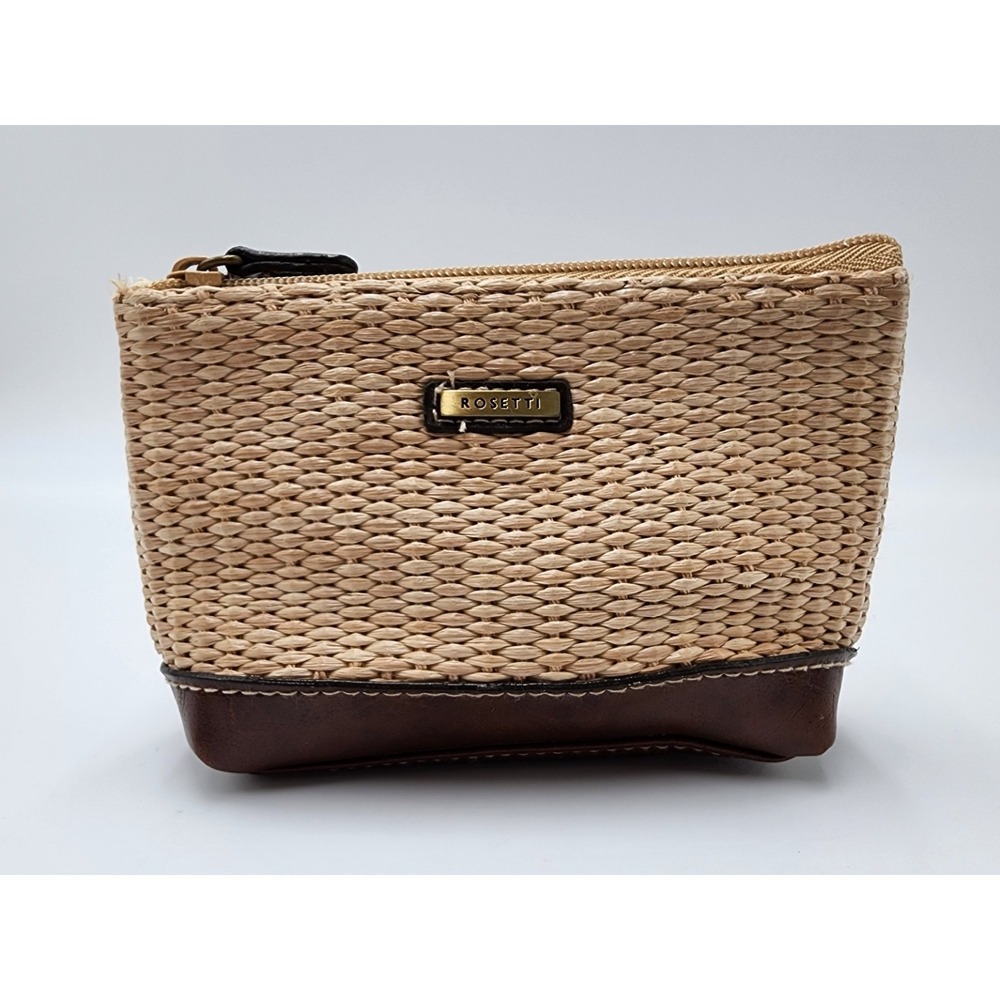 VTG ROSETTI STRAW WALLET BEIGE/ BROWN 5 INCH ZIP‎ CVOIN PURSE POUCH